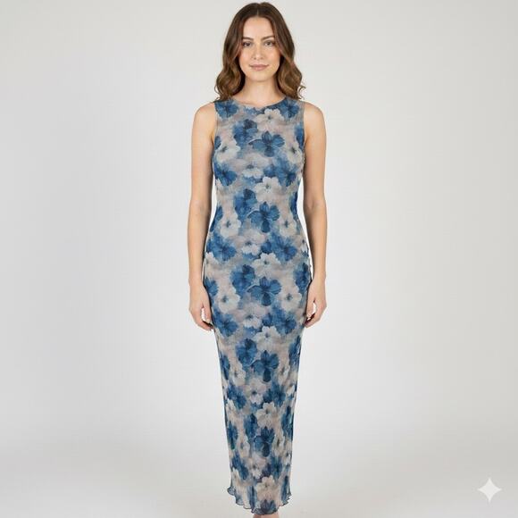 Bebe Dresses & Skirts - VTG Bebe Blue Floral Mesh Maxi Dress Slim Fit 90s Grunge Fairycore Bodycon Sz M